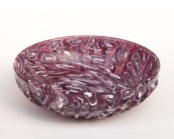 A mosaic ribbed bowl, diameter: 14.60cm. Assembled from sections of purple canes with white rectangular spirals.