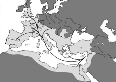 The Roman Empire, c. AD120, showing the spread of glassblowing