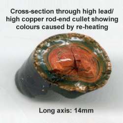 High lead/high copper opaque red cullet showing cupric oxide skin