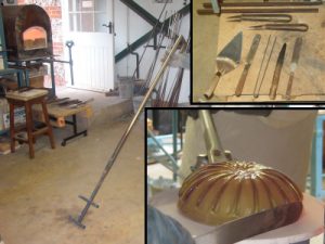 General view of workshop and tools, also a ribbed bowl nearing completion of hot-forming stage