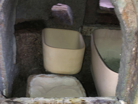 Setting two small square pots, one with cobalt blue glass in it (Photo © Fiona Rashleigh)