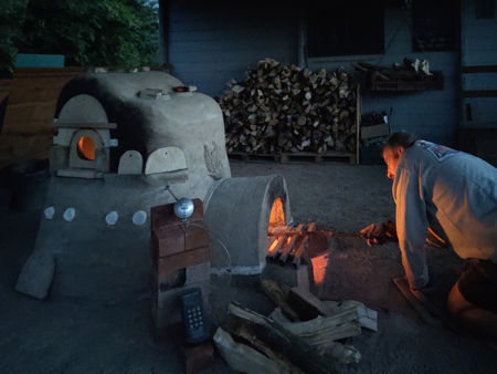 Steve stoking the furnace at 9pm (at c.250°C)