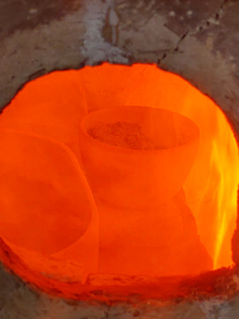 One of the pots in the furnace